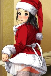 Rule 34 | 1girl, :d, absurdres, ass, black hair, blush, brown eyes, dress, fingernails, forehead, fur-trimmed dress, fur-trimmed headwear, fur-trimmed sleeves, fur trim, hat, highres, long hair, long sleeves, looking at viewer, looking back, matsunaga kouyou, nose blush, open mouth, original, red dress, red hat, santa costume, santa hat, see-through, sleeves past wrists, smile, solo, thighhighs