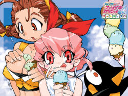 Rule 34 | 2girls, accident, bird, blue sky, blush stickers, braid, breasts, brown hair, covered erect nipples, final romance 4, food, food on body, holding, ice cream, ice cream cone, large breasts, logo, looking at viewer, medium hair, messy, multiple girls, non-web source, official art, penguin, photoshop (medium), pink eyes, pink hair, red eyes, short hair, sky, tongue, tongue out, too many, too many scoops, twin braids, upper body