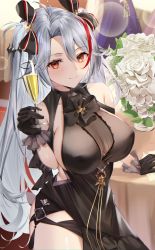 Rule 34 | 1girl, alcohol, antenna hair, azur lane, bare shoulders, black dress, black gloves, black ribbon, blush, breasts, cleavage, closed mouth, cowboy shot, cross, cup, dress, drink, drinking glass, evening gown, flower, frilled gloves, frills, gloves, hair ribbon, highres, holding, holding cup, iron cross, large breasts, lens flare, long hair, looking at viewer, multicolored hair, pelvic curtain, prinz eugen (azur lane), prinz eugen (cordial cornflower) (azur lane), red eyes, red hair, ribbon, rose, sg (satoumogumogu), sideboob, silver hair, sleeveless, sleeveless dress, smile, solo, streaked hair, table, tassel, thighs, two-tone hair, two side up, vase, very long hair, white flower, white rose