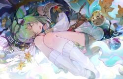 Rule 34 | 1girl, absurdres, animal ears, curled up, fiery tail, fox ears, fox girl, full body, green footwear, green hair, green headwear, highres, honkai: star rail, honkai (series), huohuo (honkai: star rail), long hair, looking at viewer, lying, miermere, off shoulder, on side, open mouth, paper doll, red eyes, shirt, shoes, smile, solo, tail, tearing up, white leg warmers, white shirt, yin yang hair ornament