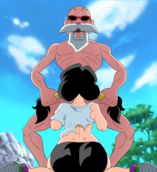 Rule 34 | 1boy, 1girl, age difference, ass, beard, black hair, blue sky, blush, dragon ball, dragonball z, facial hair, game cg, grin, highres, holding, holding own hair, implied fellatio, muten roushi, naughty face, older man and younger girl, pervert, shorts, sky, smile, sunglasses, tagme, torn clothes, twintails, videl, yamamoto doujin