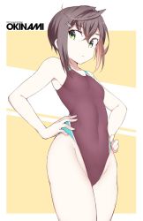 Rule 34 | 1girl, bare arms, breasts, brown hair, brown one-piece swimsuit, character name, collarbone, competition swimsuit, cowboy shot, green eyes, hair between eyes, hands on own hips, highres, kantai collection, multicolored hair, no eyewear, okinami (kancolle), one-piece swimsuit, pink hair, purple one-piece swimsuit, shigino sohuzi, short hair, small breasts, solo, swimsuit
