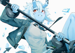 1girl arm_up artist_name black_horns black_necktie black_skirt blue_hair blue_horns blue_oni blue_skin collared_shirt colored_skin debris fang grin hair_between_horns highres holding holding_weapon horns ice jacket light_blue_hair long_sleeves multicolored_horns necktie oni open_clothes open_jacket pointy_ears red_eyes shirt short_hair skin-covered_horns skin-covered_tail skirt smile solo soukaku_(zenless_zone_zero) tail two-tone_horns unzipped weapon weilic white_shirt wing_collar zenless_zone_zero zipper