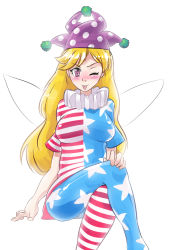Rule 34 | 1girl, ;p, american flag dress, american flag legwear, american flag shirt, blonde hair, blush stickers, breasts, clownpiece, collar, crossed legs, fairy wings, frilled collar, frilled shirt collar, frills, greyface, hat, invisible chair, jester cap, long hair, neck ruff, one eye closed, pantyhose, pink eyes, simple background, sitting, solo, striped clothes, striped pantyhose, tongue, tongue out, touhou, wings