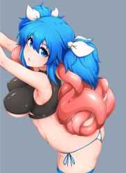 Rule 34 | 1girl, blue eyes, blue hair, breasts, coco ankou, female focus, grey background, large breasts, nyame (coco ankou), original, simple background, solo, tentacles, twintails, underboob