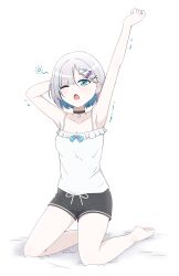 Rule 34 | 1girl, armpits, asymmetrical bangs, barefoot, black choker, black shorts, blue eyes, blue hair, breasts, camisole, cat hair ornament, choker, cleavage, colored inner hair, commentary request, dolphin shorts, full body, grey hair, hair ornament, hairclip, highres, kaga sumire, kneeling, medium breasts, multicolored hair, nanotouko, shorts, signature, solo, trembling, twitter username, two-tone hair, virtual youtuber, vspo!, waking up, white camisole, x hair ornament