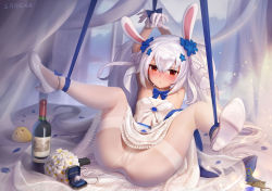 Rule 34 | 1girl, arms up, azur lane, blue bow, blue bowtie, blue flower, blush, bottle, bound, bound ankles, bound arms, bouquet, bow, bowtie, breasts, cameltoe, closed mouth, copyright name, dress, flower, gloves, hair flower, hair ornament, hair spread out, high heels, laffey (azur lane), laffey (white rabbit&#039;s oath) (azur lane), leotard, long hair, looking at viewer, manjuu (azur lane), official alternate costume, pantyhose, red eyes, ring box, sarena, small breasts, solo, spread legs, thighband pantyhose, twintails, very long hair, wedding dress, white flower, white footwear, white gloves, white hair, white leotard, white pantyhose, wine bottle