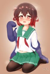 1girl @_@ black_pantyhose blue_jacket blush brown_background brown_hair gradient_background green_sailor_collar green_skirt highres jacket kantai_collection long_hair long_sleeves mutsuki_(kancolle) mutsuki_kai_ni_(kancolle) neckerchief nose_blush open_clothes open_jacket pantyhose pleated_skirt red_eyes red_hair red_neckerchief sailor_collar seiza shirt short_hair sitting skirt sleeves_past_fingers sleeves_past_wrists solo steaming_body sweat undone_neckerchief white_shirt zanne