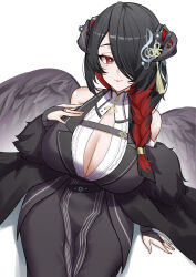 Rule 34 | 1girl, absurdres, adapted costume, bare shoulders, black hair, breasts, cleavage, colored inner hair, demon horns, fingerless gloves, fortissimo, gloves, hair ornament, hair over one eye, highres, hololive, hololive english, horns, jewelry, large breasts, long hair, looking at viewer, mamarissa ravencroft, mature female, mole, mole under eye, multicolored hair, musical note, musical note hair ornament, rebelium, red eyes, ring, simple background, smile, two-tone hair, virtual youtuber, white background, wings