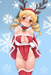Rule 34 | 1girl, alternate costume, animal ears, antlers, bell, blonde hair, blue background, blush, breasts, cape, christmas, cleavage, closed mouth, commentary, covered navel, cowboy shot, crossed arms, deer ears, drill hair, elbow gloves, fake animal ears, fake antlers, fur-trimmed cape, fur-trimmed gloves, fur-trimmed legwear, fur-trimmed leotard, fur trim, gloves, green ribbon, hair ribbon, head tilt, highleg, highleg leotard, highres, horns, large breasts, leotard, looking at viewer, mahou shoujo madoka magica, mahou shoujo madoka magica (anime), red cape, red leotard, red thighhighs, reindeer antlers, ribbon, santa costume, smile, snowflake background, solo, standing, strapless, strapless leotard, striped clothes, striped leotard, striped thighhighs, thigh gap, thighhighs, thighs, tomoe mami, twin drills, vertical-striped clothes, vertical-striped leotard, vertical-striped thighhighs, white gloves, yanmaami, yellow eyes