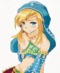 Rule 34 | 1boy, androgynous, bare shoulders, blonde hair, blue eyes, blush, bridal gauntlets, closed mouth, collarbone, crossdressing, crying, detached sleeves, gerudo set (zelda), groin, hariyo, highres, jewelry, link, looking at viewer, male focus, navel, nintendo, nipples, revealing clothes, solo, tears, the legend of zelda, the legend of zelda: breath of the wild, toned, toned male, trap