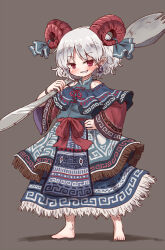 Rule 34 | 1girl, adapted costume, arinu, barefoot, blue dress, blue ribbon, blush, brown background, curled horns, dress, earrings, full body, grey hair, grin, highres, holding, holding spork, horn ornament, horn ribbon, horns, jewelry, oversized object, pointy ears, red eyes, red horns, red sleeves, ribbon, sharp teeth, sheep horns, short hair, simple background, smile, solo, spork, teeth, touhou, toutetsu yuuma
