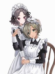 Rule 34 | 2girls, apron, bestramos, black dress, black ribbon, brown hair, chair, closed mouth, dark-skinned female, dark skin, dress, ebizuka tomo, girls band cry, green eyes, hair ornament, hair ribbon, hairclip, hand on another&#039;s arm, hand on another&#039;s head, highres, holding hands, juliet sleeves, long sleeves, looking at viewer, maid, maid apron, maid headdress, medium hair, mole, mole under eye, multiple girls, open mouth, puffy sleeves, red eyes, ribbon, rupa (girls band cry), short hair, simple background, sitting, smile, standing, white apron, white background, white headdress, yuri