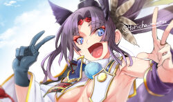 Rule 34 | 1girl, armor, asymmetrical sleeves, black hair, blue eyes, breast curtains, breasts, detached sleeves, double v, fate/grand order, fate (series), feather hair ornament, feathers, hair bun, hair ornament, hat, highres, japanese armor, long hair, looking at viewer, medium breasts, mismatched sleeves, open mouth, parted bangs, side ponytail, sidelocks, single side bun, smile, solo, torichamaru, ushiwakamaru (fate), v, very long hair, wide sleeves