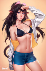 Rule 34 | 1girl, animal ears, arm up, artist name, bare shoulders, bikini, bikini top only, black bikini, black hair, blue eyes, blue ribbon, blue shorts, blush, borrowed character, bow, breasts, brown hair, cat ears, cleavage, closed mouth, collarbone, commission, cowboy shot, dolphin shorts, gradient background, hair bow, hand on own head, highres, jacket, lips, long hair, long sleeves, looking at viewer, medium breasts, nail polish, navel, off shoulder, open clothes, open jacket, orange background, original, pink bow, pink nails, ponytail, ribbon, short shorts, shorts, sleeves past fingers, sleeves past wrists, solo, standing, stomach, string bikini, swimsuit, thighs, tsuaii, watermark, web address, white jacket