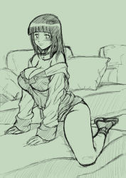 Rule 34 | artist request, bed, bottomless, breasts, cleavage, hyuuga hinata, kneeling, monochrome, naruto, naruto (series), sketch