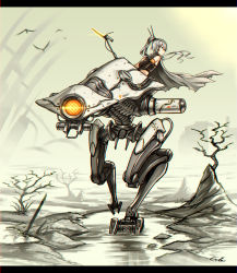 Rule 34 | 1girl, bare shoulders, cape, chromatic aberration, fog, gia, glowing, highres, letterboxed, long hair, mecha, midriff, muted color, non-humanoid robot, riding, robot, science fiction, signature, silver hair, solo, spot color, walker (robot)