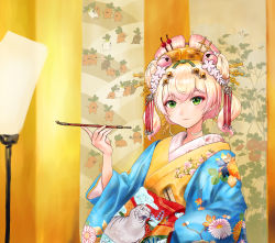 Rule 34 | 1girl, absurdres, architecture, bell, blonde hair, closed mouth, daishu mianbao, double bun, east asian architecture, eyeshadow, flower, gradient hair, green eyes, hair bell, hair bun, hair flower, hair ornament, hairpin, haori, highres, holding, holding smoking pipe, hololive, japanese clothes, jingle bell, kimono, kiseru, layered clothes, layered kimono, light blush, looking at viewer, makeup, momosuzu nene, multicolored hair, nekko (momosuzu nene), nihongami, obi, oiran, pink hair, sash, smoking pipe, solo, two side up, virtual youtuber