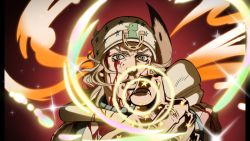 Rule 34 | 1boy, blood, blood on face, blood splatter, blue eyes, grandguerrilla, highres, horseshoe, johnny joestar, jojo no kimyou na bouken, looking at viewer, male focus, pointing, pointing at viewer, solo, steel ball run, upper body, wide-eyed
