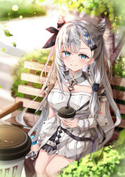 Rule 34 | 1girl, black ribbon, blue eyes, blush, braid, breasts, closed mouth, coffee cup, commentary, cone hair bun, cup, disposable cup, dress, grey hair, hair bun, hair ribbon, highres, holding, holding cup, hololive, hololive indonesia, long hair, long sleeves, looking at viewer, medium breasts, mutang, on bench, pleated dress, ribbon, sitting, solo, tree, very long hair, vestia zeta, virtual youtuber, white dress