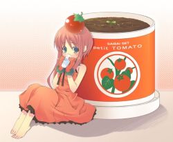 Rule 34 | 1girl, bare arms, barefoot, blush, cup, dress, drinking, food, food-themed clothes, food as clothes, food on head, gloves, green eyes, leaf, mini person, minigirl, object on head, orange dress, orange hair, original, personification, plant, sidelocks, sitting, solo, tomato, water