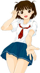Rule 34 | 1girl, aihara nana, blush stickers, brown eyes, brown hair, face, from below, kimi kiss, outstretched hand, school uniform, serafuku, short hair, simple background, solo, yamaguchi homupe
