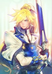 Rule 34 | 1boy, absurdres, belt, black gloves, blonde hair, blue eyes, character name, fighting stance, fingerless gloves, gloves, grey background, guilty gear, guilty gear xrd, hair between eyes, hair over one eye, highres, kin mokusei, ky kiske, long hair, looking to the side, magic, magnolia eclair ii, male focus, multiple belts, outstretched arm, ponytail, simple background, smile, solo, sword, weapon