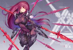 Rule 34 | 1girl, adapted costume, armor, blush, bodysuit, boots, breasts, commentary request, covered navel, fate/grand order, fate (series), gae bolg (fate), gauntlets, holding, lance, large breasts, long hair, looking to the side, armored boots, nidy, parted lips, polearm, purple bodysuit, purple hair, red eyes, scathach (fate), solo, standing, thigh gap, very long hair, weapon