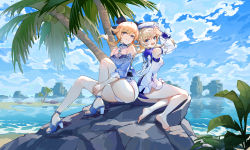 Rule 34 | 2girls, absurdres, barbara (genshin impact), barbara (summertime sparkle) (genshin impact), bare shoulders, barefoot, beach, blonde hair, blouse, blue eyes, blue shirt, blue sky, bow, coconut tree, drill hair, feet, frilled skirt, frills, full body, genshin impact, hair bow, hat, high heels, highres, jean (genshin impact), jean (sea breeze dandelion) (genshin impact), legs, long sleeves, multiple girls, ocean, open mouth, outdoors, palm tree, ponytail, rock, sailor collar, sailor hat, shirt, shorts, siblings, sisters, sitting, skirt, sky, smile, soles, swimsuit, toes, tree, twin drills, twintails, white shorts, wucanming