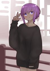 Rule 34 | 1girl, black shirt, blush, collarbone, dark-skinned female, dark skin, fate/prototype, fate/prototype: fragments of blue and silver, fate (series), hair between eyes, hand up, hassan of serenity (fate), highres, i.u.y, long sleeves, looking at viewer, oversized clothes, oversized shirt, parted lips, purple eyes, purple hair, railing, shirt, short hair, sleeves past wrists, solo, standing