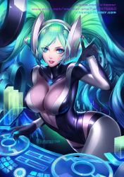 Rule 34 | 1girl, alternate costume, blue eyes, breasts, citemer, cleavage, colored eyelashes, dj, dj sona, dress, female focus, gloves, green hair, headphones, highres, large breasts, latex, latex dress, league of legends, liuruoyu8888, long hair, looking at viewer, skin tight, smile, solo, sona (league of legends), twintails