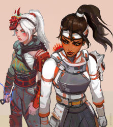 Rule 34 | 2girls, absurdres, apex legends, beige background, blush, brown hair, commentary, crafty kitsune rampart, dark-skinned female, dark skin, demon&#039;s whisper wraith, electricity, english commentary, floating hair, grey eyes, headband, highres, holding, holding knife, hope&#039;s dusk (apex legends), knife, kunai, looking to the side, mask, mask on head, multiple girls, nose piercing, nose ring, official alternate costume, official alternate hairstyle, oni mask, parted lips, peter chai, piercing, ponytail, rampart (apex legends), smile, tooth gap, weapon, white hair, white headband, wraith (apex legends)
