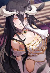 Rule 34 | 1girl, ahoge, albedo (overlord), black feathers, black hair, black wings, breasts, cleavage, demon girl, dress, elbow gloves, fagi (kakikaki), feathers, foreshortening, from above, gloves, hand on own face, highres, hip vent, horns, large breasts, long hair, looking at viewer, overlord (maruyama), parted lips, slit pupils, solo, white dress, white gloves, white horns, wings, yellow eyes