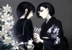 Rule 34 | 2girls, black eyes, black hair, black serafuku, black shirt, closed eyes, closed mouth, erise, floral print, flower, from side, holding, holding hands, holding own hair, japanese clothes, kimono, lily (flower), long hair, looking at another, md5 mismatch, mole, mole under eye, multiple girls, original, parted lips, profile, school uniform, serafuku, shirt, short hair, siblings, sisters, upper body, very long hair