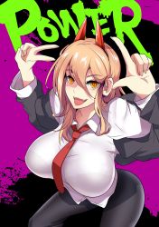 Rule 34 | + +, 1girl, absurdres, alternate breast size, altronage, blonde hair, breasts, chainsaw man, character name, cross-shaped pupils, demon girl, demon horns, english text, fang, fangs, highres, horns, horns pose, large breasts, long hair, necktie, pants, power (chainsaw man), purple background, red horns, red neckwear, shirt, skin fang, symbol-shaped pupils, tongue, v, white shirt, yellow eyes