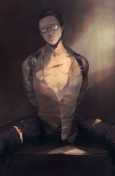 Rule 34 | 1boy, barbed wire, bound, cuts, glasses, highres, injury, joseph oda, male focus, mugikoma, open clothes, open shirt, shirt, solo, the evil within, tied up