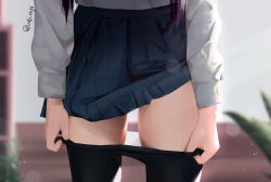 Rule 34 | artist name, black pantyhose, blue skirt, clothes lift, clothes pull, commentary, english commentary, highres, indoors, light particles, long hair, long sleeves, lufi ays, miniskirt, original, panties, panty pull, pantyhose, pantyhose pull, plant, pleated skirt, purple hair, school uniform, shirt, skirt, taking off, thigh focus, thighs, underwear, white panties, white shirt