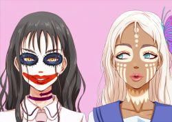 Rule 34 | 10s, 2girls, anbj, asobi asobase, black hair, blue sailor collar, brown eyes, butterfly hair ornament, closed mouth, collarbone, collared shirt, green eyes, grin, hair between eyes, hair down, hair ornament, honda hanako, long hair, looking at another, looking at viewer, lord of pastimers, makeup, multiple girls, parted lips, pink background, sailor collar, school uniform, shirt, sidelocks, simple background, smile, upper body, very long hair, wavy hair, white hair, white shirt