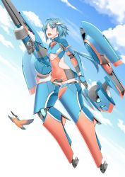 Rule 34 | 1girl, 212 (kisaragi), :d, absurdres, armor, bird, bird request, blue hair, blue sky, bodysuit, breasts, cloud, cloudy sky, covered navel, day, detached wings, exoskeleton, finger on trigger, flying, gloves, grey gloves, gun, highres, holding, holding gun, holding weapon, kingfisher, long hair, mecha musume, open mouth, original, outdoors, personification, ponytail, purple eyes, sky, small breasts, smile, solo, underboob, weapon, wings