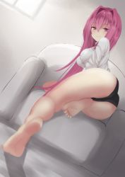 Rule 34 | 1girl, ass, back, barefoot, black panties, breasts, fate/grand order, fate (series), feet, hair intakes, highres, kesoshirou, long hair, looking at viewer, looking back, medium breasts, panties, purple eyes, purple hair, scathach (fate), smile, soles, solo, toes, underwear