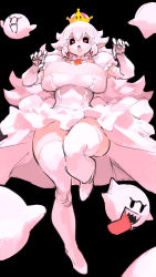 Rule 34 | 1girl, absurdres, black background, black eyes, boo (mario), breasts, bursting breasts, dress, elbow gloves, full body, ghost, gloves, heart, heart-shaped pupils, highres, huge breasts, large breasts, liba (leo8d), looking at viewer, mario (series), new super mario bros. u deluxe, nintendo, pink dress, pointy ears, princess king boo, sharp teeth, simple background, smile, solo, super crown, symbol-shaped pupils, teeth, thick thighs, thighhighs, thighs, tongue, tongue out, urieito, white hair, white thighhighs