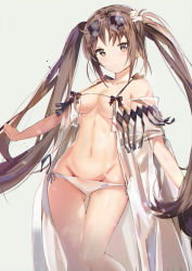 Rule 34 | 1girl, absurdres, bare shoulders, bikini, bikini bottom only, bow, breasts, brown hair, clenched hands, coat, collarbone, covered erect nipples, curled fingers, dedeko, eyewear on head, fate/grand order, fate (series), feet out of frame, g-string, hair ornament, highres, knees together feet apart, long hair, looking at viewer, medium breasts, midriff, navel, parted bangs, see-through, sidelocks, solo, sunglasses, sunglasses on head, swimsuit, thigh gap, thighs, thong, twintails, white bikini, white coat, yellow eyes, yu mei-ren (fate), yu mei-ren (swimsuit lancer) (fate)