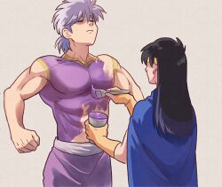 Rule 34 | 1boy, 1girl, b-saku, black hair, blue cloak, bodypaint, cloak, closed mouth, cup, dragon quest, dragon quest dai no daibouken, eimi (dai no daibouken), facing another, facing up, flexing, gloves, grey background, grey hair, headband, holding, holding cup, holding paintbrush, hyunkel, long hair, paint, paintbrush, painted clothes, painting (action), pants, purple pants, short hair, simple background, toned, toned male, topless male, yellow gloves