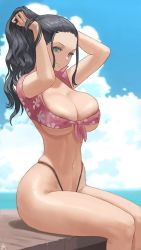 Rule 34 | 1girl, areola slip, bikini, bikini bottom only, black hair, blue eyes, blue sky, breasts, cleavage, closed mouth, collarbone, collared jacket, curtains, eyewear on head, groin, twirling hair, hand up, head tilt, high collar, highres, jacket, large breasts, long hair, looking at viewer, lowleg, micro bikini, midriff, navel, nico robin, one piece, partially unzipped, playing with own hair, sarong, seductive smile, short sleeves, sidelocks, simple background, sitting, skindentation, sky, smile, solo, stomach, swimsuit, thong bikini, wide hips, zefrableu
