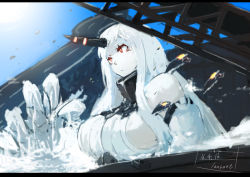 Rule 34 | 10s, 1girl, abyssal ship, artist name, breasts, claws, colored skin, commentary request, detached sleeves, enemy aircraft (kancolle), female focus, giant, giantess, horns, huge breasts, kantai collection, lansane, letterboxed, long hair, one-hour drawing challenge, outdoors, partially submerged, red eyes, ribbed sweater, seaport princess, sideboob, single horn, size difference, sky, solo, sweater, water, white hair, white skin