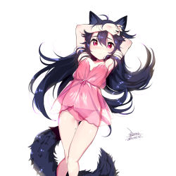 Rule 34 | 1girl, animal ear fluff, animal ears, arm behind head, armpits, arms up, babydoll, black hair, blush, breasts, commentary request, covered navel, dated, ejami, ekko (ejami), fox ears, fox girl, fox tail, gluteal fold, hair between eyes, long hair, looking at viewer, mole, mole on thigh, original, panties, pink babydoll, pink panties, red eyes, see-through, simple background, small breasts, solo, tail, underwear, white background