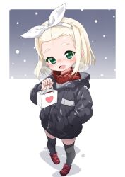 Rule 34 | 1girl, black jacket, black thighhighs, blonde hair, bow hairband, commentary request, fang, green eyes, hair ribbon, hairband, hand in pocket, heavy breathing, jacket, kantai collection, long sleeves, looking at viewer, luigi torelli (kancolle), medium hair, nassukun, open mouth, red footwear, red scarf, ribbon, scarf, shoes, solo, standing, thighhighs, white ribbon