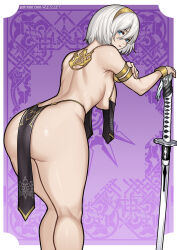 1girl 2b_(nier:automata) ass bare_legs blue_eyes bracelet breast_curtains breasts commentary english_commentary from_behind gold_bracelet gold_hairband hairband harem_outfit highres holding holding_sword holding_weapon jewelry katana large_breasts legs looking_at_viewer looking_back nier:automata nier_(series) paid_reward_available purple_background redjet revealing_clothes short_hair solo sword underboob weapon white_hair