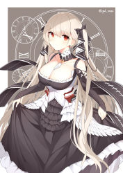 Rule 34 | 1girl, absurdres, azur lane, bad id, bad pixiv id, black bow, black dress, bow, breasts, cleavage, closed mouth, clothes lift, collarbone, detached collar, dress, dress lift, flight deck, formidable (azur lane), frilled dress, frills, hair bow, highres, large breasts, long hair, long sleeves, looking at viewer, paaru, red eyes, roman numeral, silver hair, solo, standing, twintails, very long hair