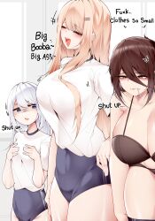 Rule 34 | 3girls, :d, absurdres, anger vein, angry, bikini, black bikini, blonde hair, blue buruma, blue eyes, blush, breast envy, breasts, brown hair, buruma, candy, cleavage, clenched teeth, closed eyes, collarbone, cowboy shot, english text, eyelashes, food, gym shirt, gym uniform, hair between eyes, hair ornament, hairclip, hand on own chest, height difference, highres, huge breasts, large breasts, lollipop, long bangs, long hair, looking at breasts, multiple girls, open mouth, original, samip, shaded face, shirt, sidelocks, small breasts, smile, standing, swept bangs, swimsuit, teeth, thighs, white background, white hair, white shirt, yellow eyes